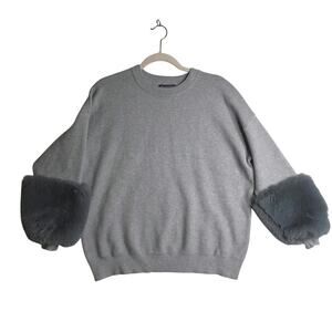 Saks Fifth Avenue XS Oversized Pullover w Soft Fur cuffs crewneck Sweater Artsy